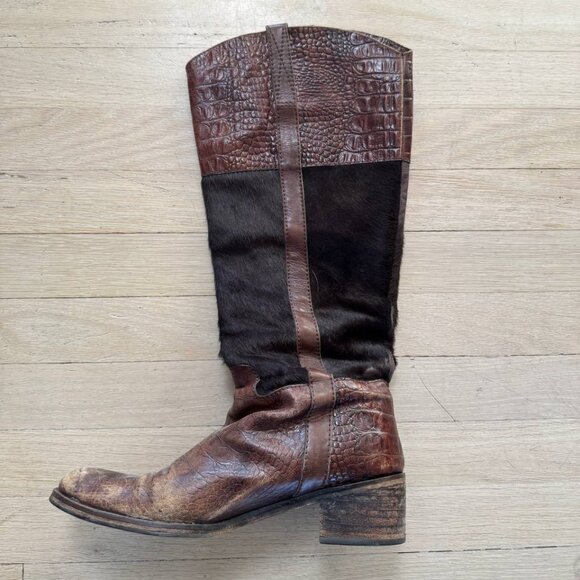 Brown and black leather knee-high boots with hide #kneehighboots size 40 - Picture 1 of 6